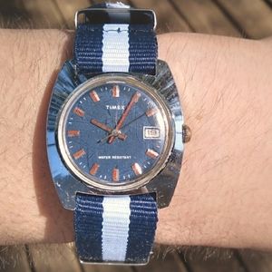 Vintage Timex Manual Blue Dial Red Accents NATO